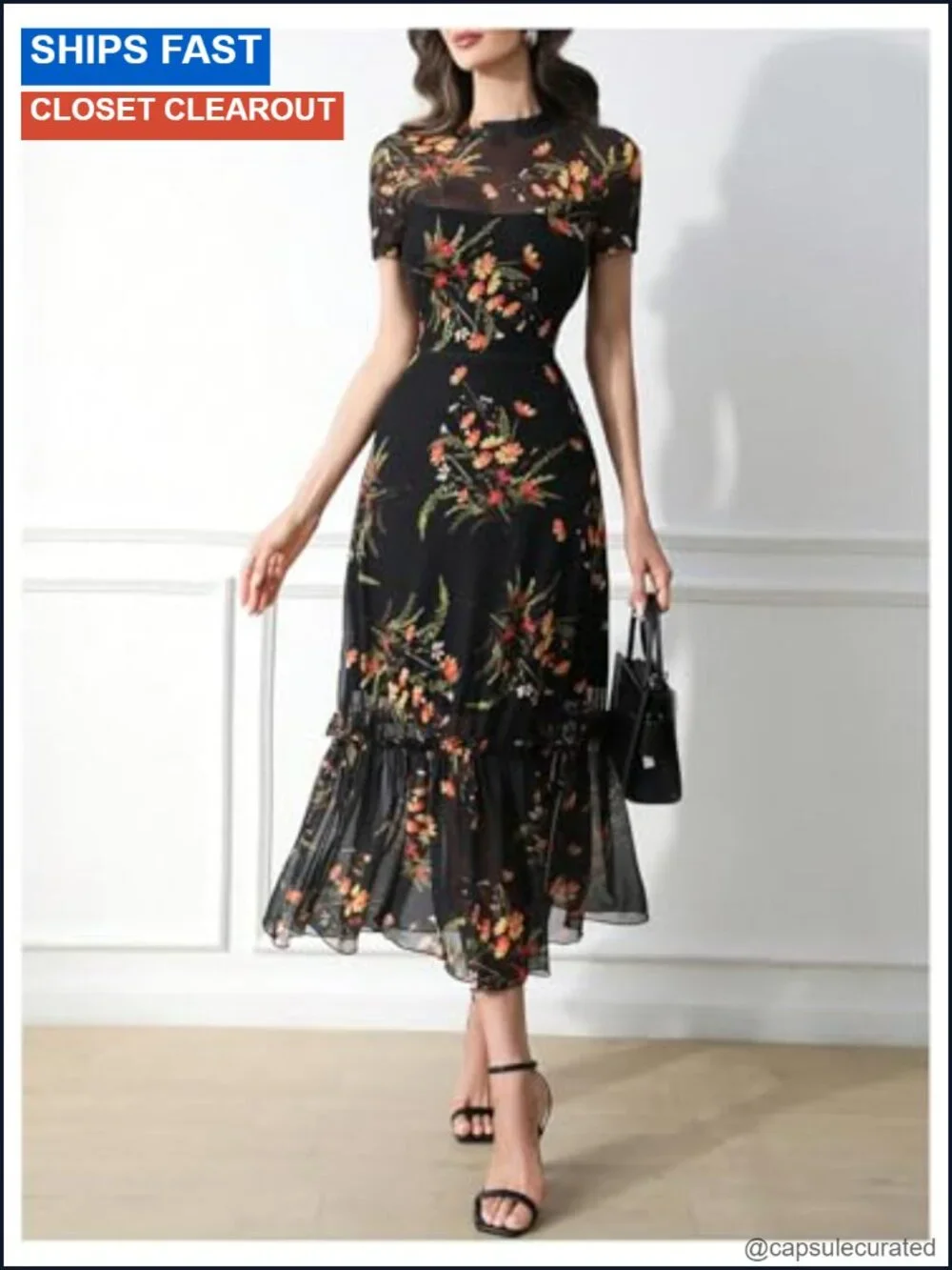 Verdusa Floral Mesh Overlay Bodycon Dress with Mock Neck and Ruffle Hem